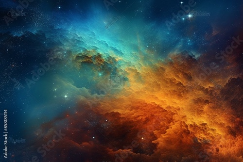 A digital depiction of cosmic scenery showcasing a dazzling orange and blue nebula amidst twinkling stars  against a vibrant orange and blue backdrop. Generative AI