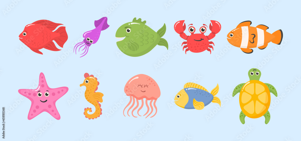 Set of funny ocean animals isolated on a white background. Sea creatures. Marine animals and aquatic plants. Underwater creature set vector isolated. Funny cartoon character. Vector illustration.