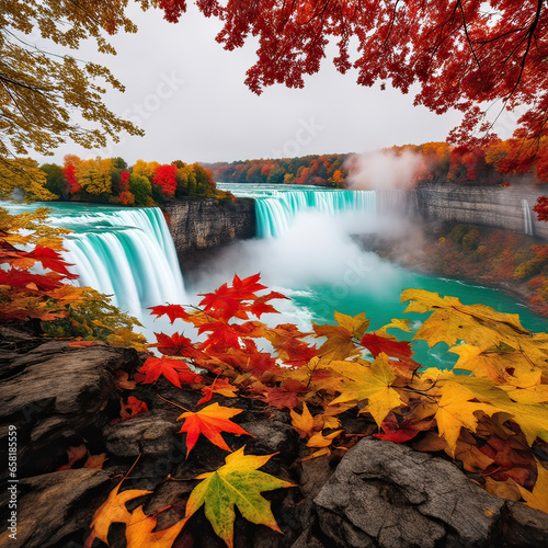 Amazing waterall in autumn forest, falls season, wonderful time photo