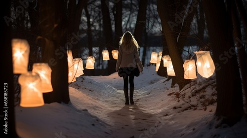 A woman, adorned in a crisp, white fur-trimmed cape, gently wanders through a serene, snow-laden forest, her path enchantingly illuminated by a string of delicate, glowing lanterns, creating a winter 