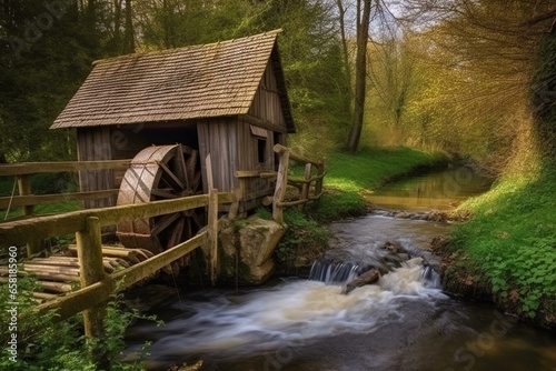 old watermill, wooden fence, river landscape, small bridge building. Generative AI