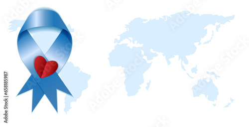 World diabetes day awareness poster with a world map on background. Banner design with blue ribbon and arm with a finger with blood drop. Typography. Vector illustration.