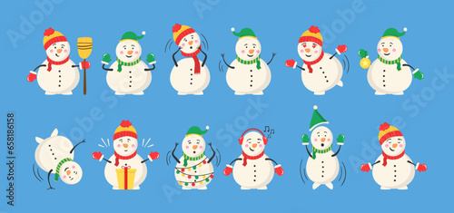 Snowman with a scarf, gloves and hat isolated in a blue-gray background. Flat design. Vector illustration.