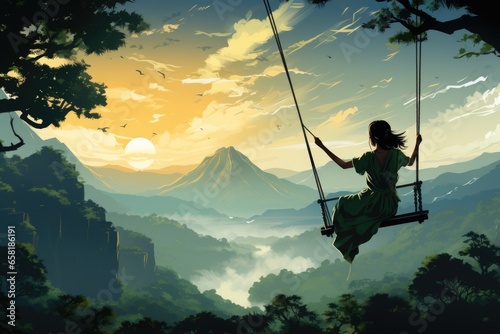 Woman relaxing on a swing in the mountains and forest fantasy illustration