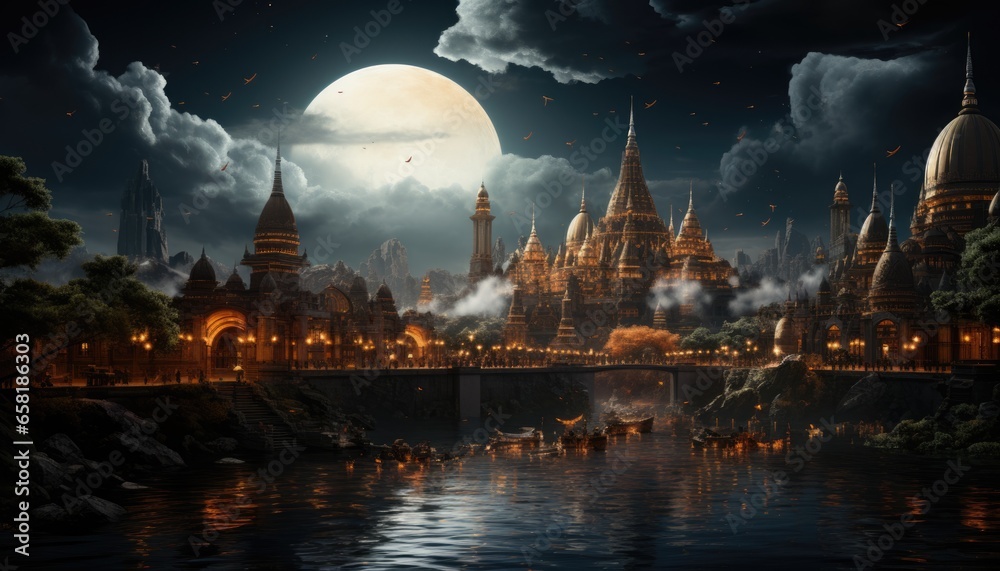 Obraz na płótnie An arabic kingdom under the clouds with full moon at night, lights, river, castle w salonie