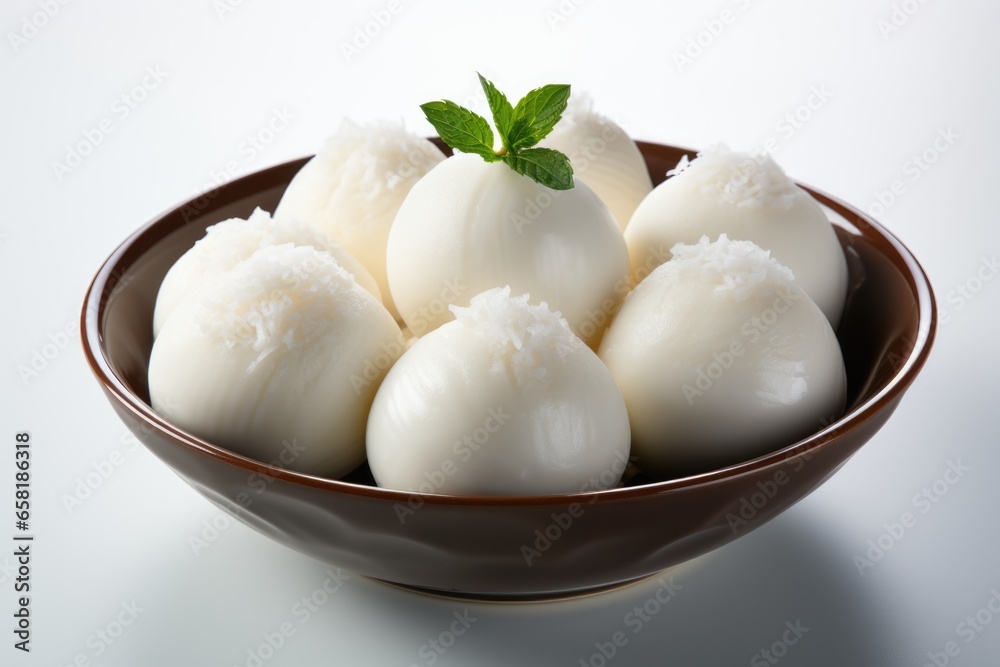 Homemade rasgulla with coconut flakes on it in a brown bowl isolated on white background - obrazy, fototapety, plakaty 