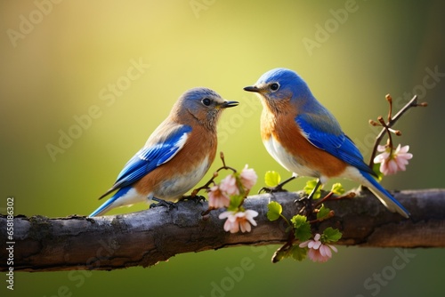 During a springtime courting ritual, a male eastern bluebird nourishes its mate. Generative AI photo