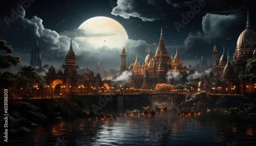 An arabic kingdom under the clouds with full moon at night, lights, river, castle