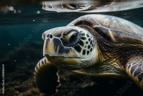 Close-up photo of an inquisitive sea turtle. Generative AI