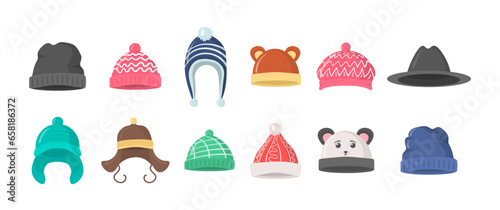 Knitted hat, caps for girls and boys in cold weather isolated on white background. Collection of winter or autumn hats in flat style. Web page design element icon. Vector illustration, eps 10. photo