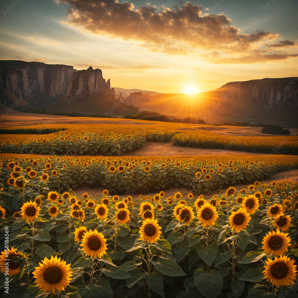 Fototapeta premium sunflower field at sunset, sky, clouds, sun rays, landscape