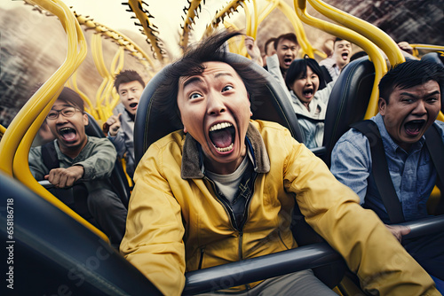 Group of Asian tourists screaming and exciting on the roller coaster in the amusement park background. © Virtual Art Studio