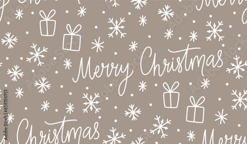 Christmas pattern, snowflakes and snow on brown kraft paper. White drawings, seamless tile for wrapping paper design.