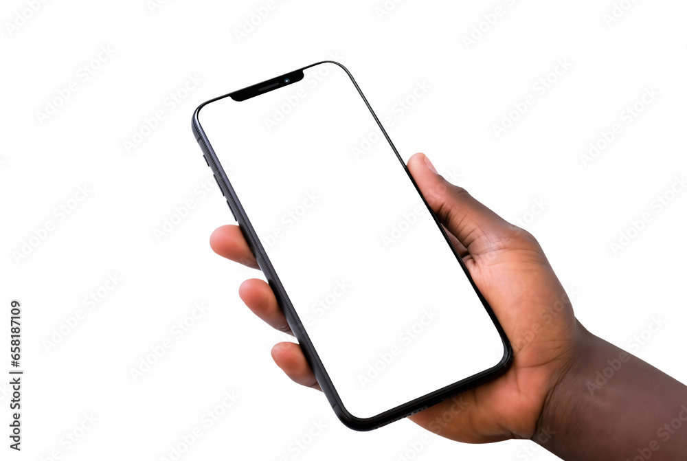 Hand holding smartphone png, new cellphone mockup isolated on transparent background, african american man, black - obrazy, fototapety, plakaty 