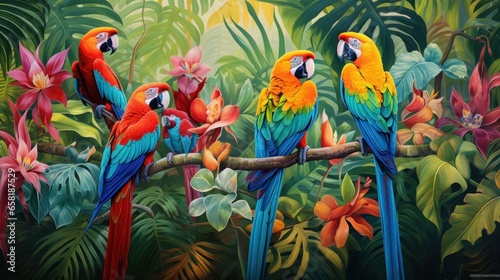 Exotic Macaws in Lush Rainforest
