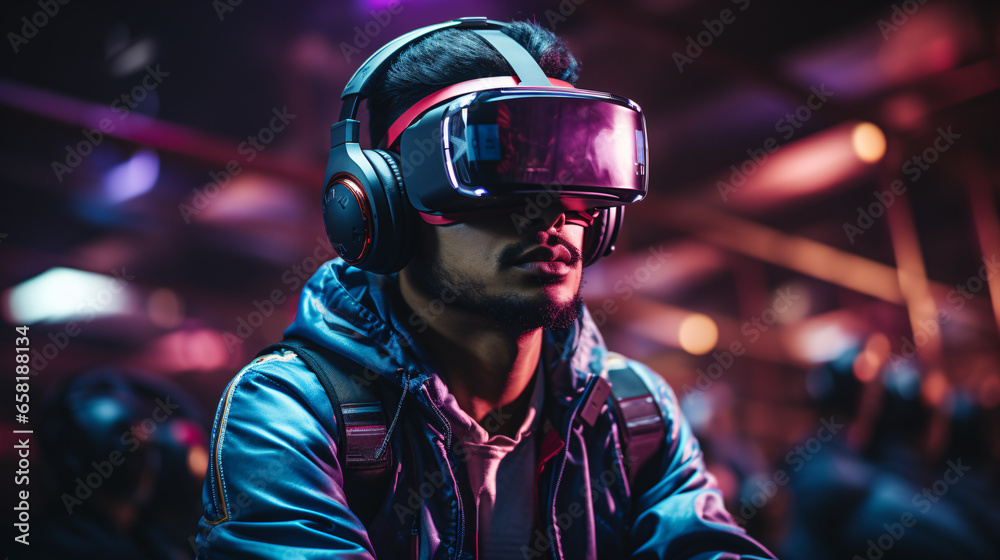 Young man wears augmented reality headsets to connect to the metaverse, WEB 3.0 Young man wears augmented reality headsets to connect to the metaverse, WEB 3.0