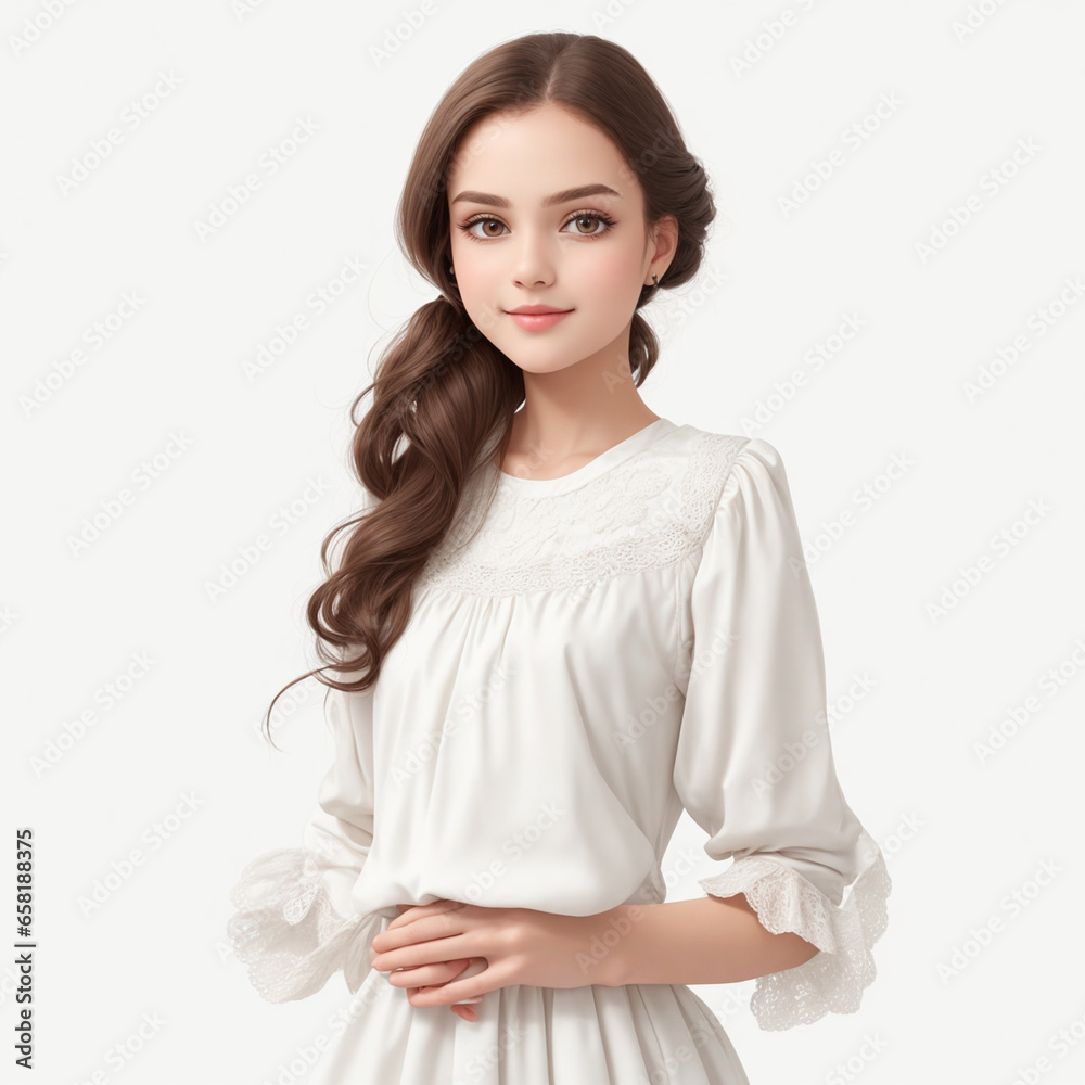 On white background, There is a beautiful young woman wearing a Cream dress On white background, There is a beautiful young woman wearing a Cream dress