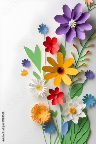 Paper cut spring flowers with copy space on a white paper background. Generative AI