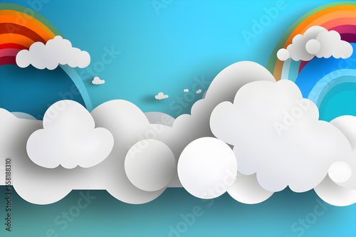 white clouds with paper cut shapes on a paper background, Generative AI