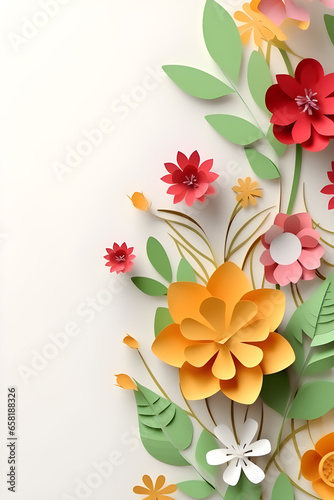 Paper cut spring flowers with copy space on a white paper background. Generative AI