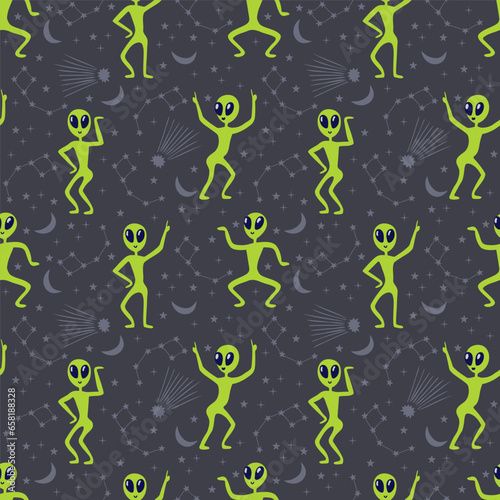 aliens dancing funny, seamless pattern. Vector illustration