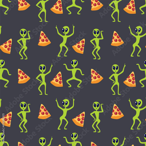 aliens dancing funny, pizza, seamless pattern. Vector illustration
