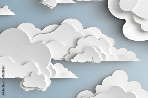 white clouds with paper cut shapes on a paper background, Generative AI