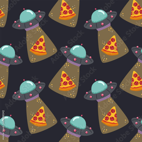 UFO and pizza. Seamless pattern on a dark background. Vector illustration