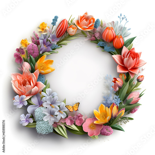 Paper cut spring flowers round frame with copy space, illustration,  Generative AI.