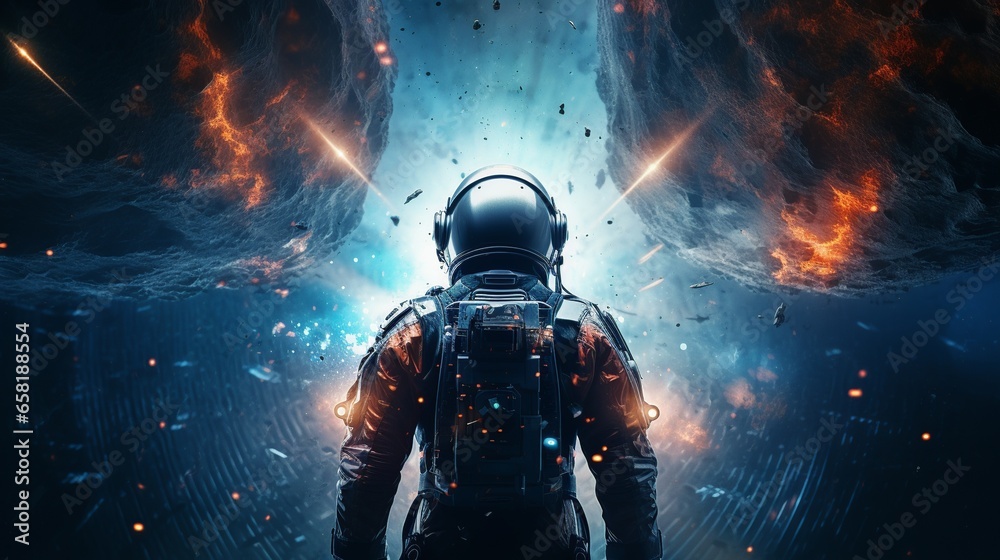 An astronaut, garbed in a spacesuit and viewed from behind, floats contemplatively inside a spacecraft, observing the enigmatic beauty of distant galaxies, immersing into cosmic wonder.
