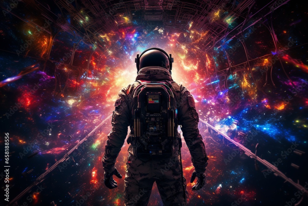 Fototapeta premium An astronaut, garbed in a spacesuit and viewed from behind, floats contemplatively inside a spacecraft, observing the enigmatic beauty of distant galaxies, immersing into cosmic wonder.