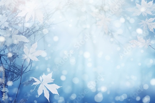 Abstract snowy winter background with blurred snowflakes and glowing leaf elements. Generative AI