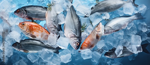 Fresh fish and seafood topped with ice in store and seen from above photo