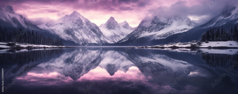 Snow morning at mountain lake. Snowy mountains, blue sea, reflection in water and purple sky at colorful sunset. Ideal resting place. Beauty of nature concept background - obrazy, fototapety, plakaty 