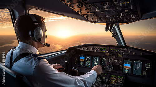 pilot in cockpit at sunset photo
