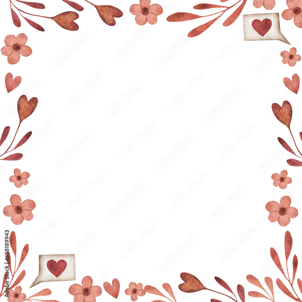Square frame. Watercolor illustration. Template for cards, posters, paper for Valentine's Day