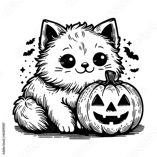 cute cat with a Halloween pumpkin sketch