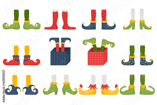 Collection of cute elves legs, boots, socks. Santa helpers shoes and pants with gifts, presents. Christmas gnome bundle. Vector. Christmas elf feet and legs set, decoration for celebration.