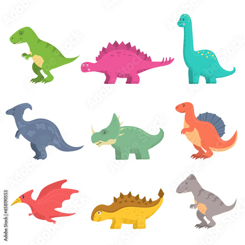 Funny set of cartoon dinosaurs isolated on white background. Fantasy cartoon colorful prehistoric happy dinosaurs wild animals. Colored predators and herbivores. Vector illustration