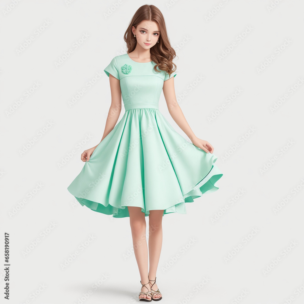 On white background, There is a beautiful young woman wearing a Mint dress On white background, There is a beautiful young woman wearing a Mint dress