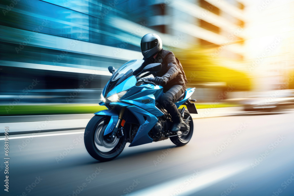 Urban Velocity: Businessman in Blue Suit Riding High-Tech Motorcycle