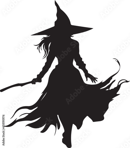 Witch character flying on a broomstick silhouette vector mythical character for Halloween Magic female in witch hat Terrifying sticker illustration 