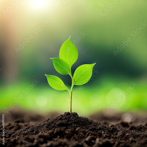 sapling growing on soil with blur forest background