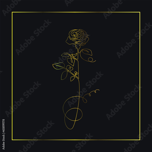 A rose in a square frame in gold on a dark background with a single line, contour photo