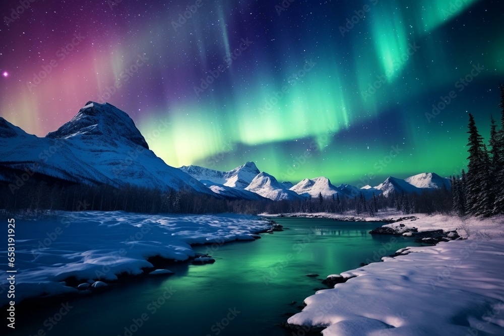 Beautiful scene of full moon, northern polar lights, aurora borealis, river, snowy mountains. Generative AI