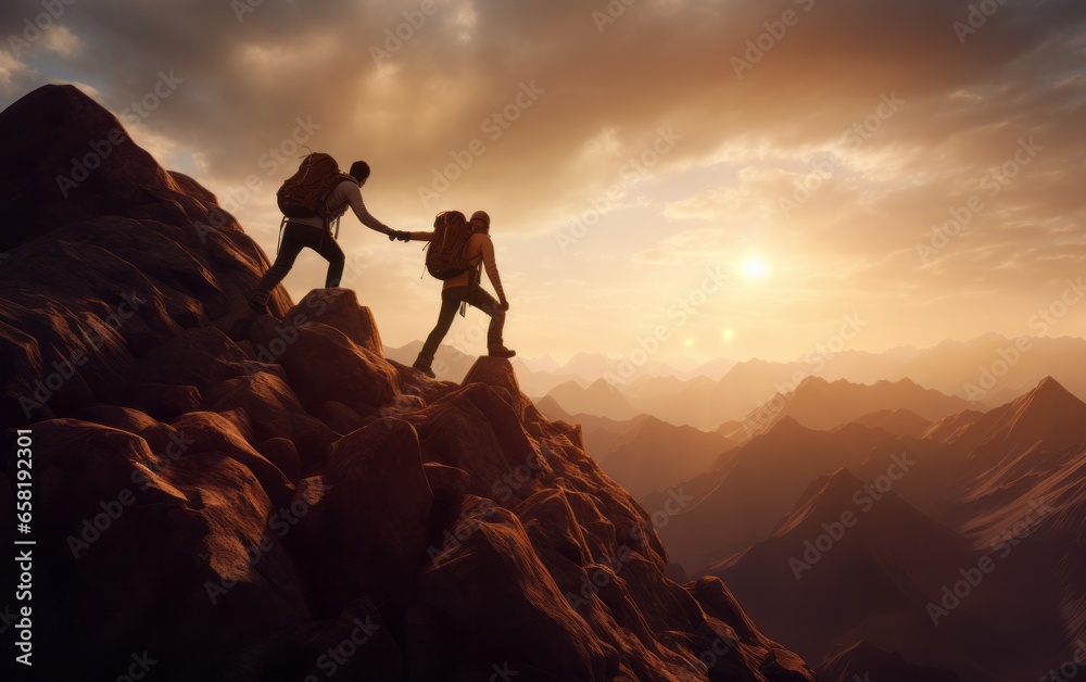 Adventurous Journey: Two Men Conquering the Majestic Mountain Peak
