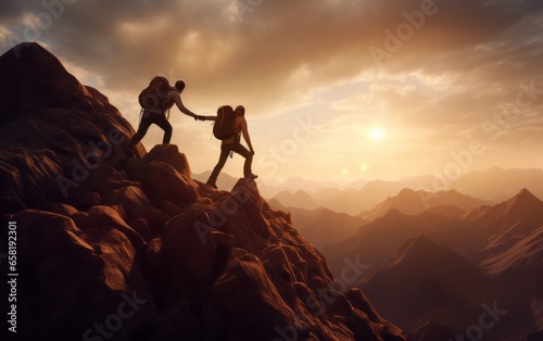 Adventurous Journey: Two Men Conquering the Majestic Mountain Peak