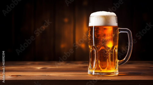 illustration of a glass of beer on wooden table. Created with Generative AI