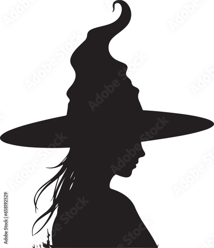 Witch character silhouette vector mythical character for Halloween Magic female in witch hat Terrifying sticker illustration 
