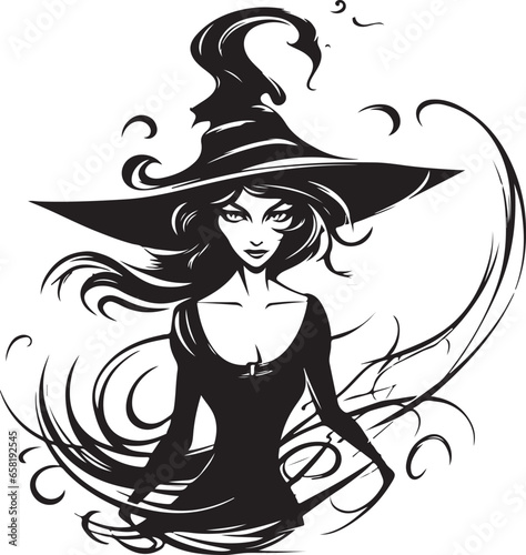 Witch character silhouette vector mythical character for Halloween Magic female in witch hat Terrifying sticker illustration 